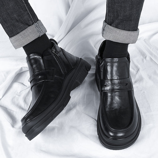 Wide Toe Low-top Side Zipper Leather Boots