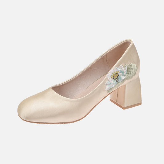 Flower Embroidered Square Toe High Heels